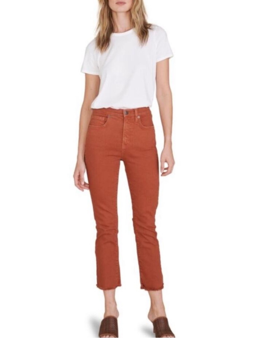 Veronica Beard Carly Kick Flare High Rise Jeans Size 30 Rust Raw Hem